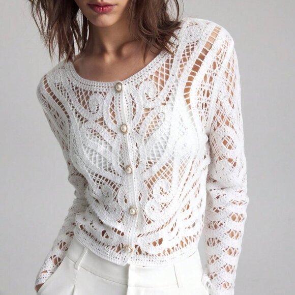 White Casual Women's Crew Neck Long Sleeve Sheer Front Button Up Blouse - Picture 2 of 11